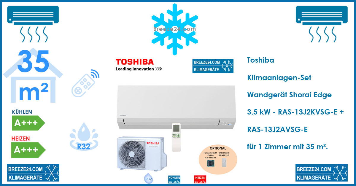 Toshiba Klimaanlage Wandgerät Shorai Edge 3,5 kW - RAS-13J2KVSG-E + RAS-13J2AVSG-E R32 für 1 Zimmer mit 35 m²