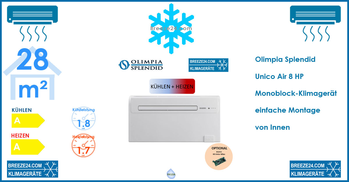 Olimpia Splendid Unico Air 8 HP Monoblock-Klimagerät 1,8 kW Kühlen und Heizen für 1 Zimmer mit 28 m²