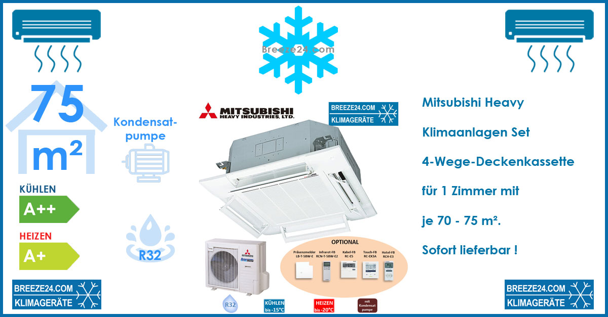 Mitsubishi Heavy Klimaanlage 4-Wege-Deckenkassette Komfortpaneel FDT71VH + FDC71VNX-W R32 für 1 Raum mit 70 - 75 m²