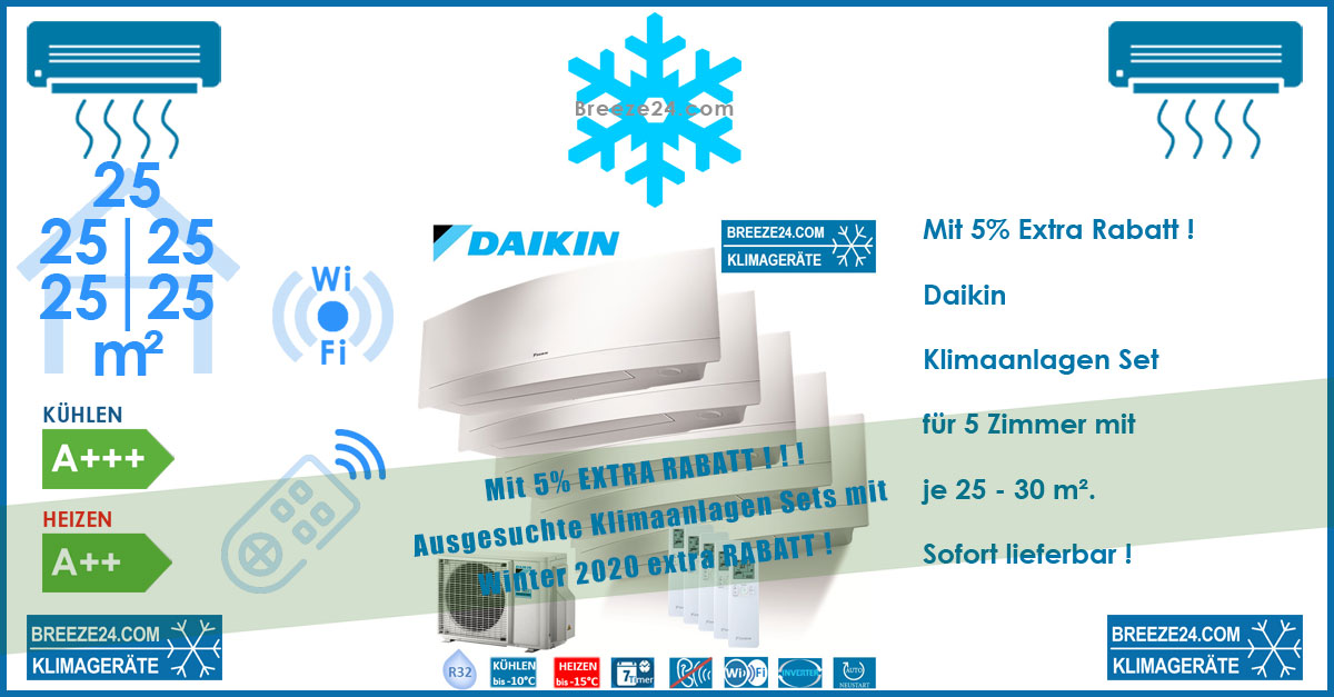 Daikin Klimaanlage Wandgeräte Emura - FTXJ25MW + Außengerät 5MXM90N R32 für 5 Zimmer mit 25 - 30 m²