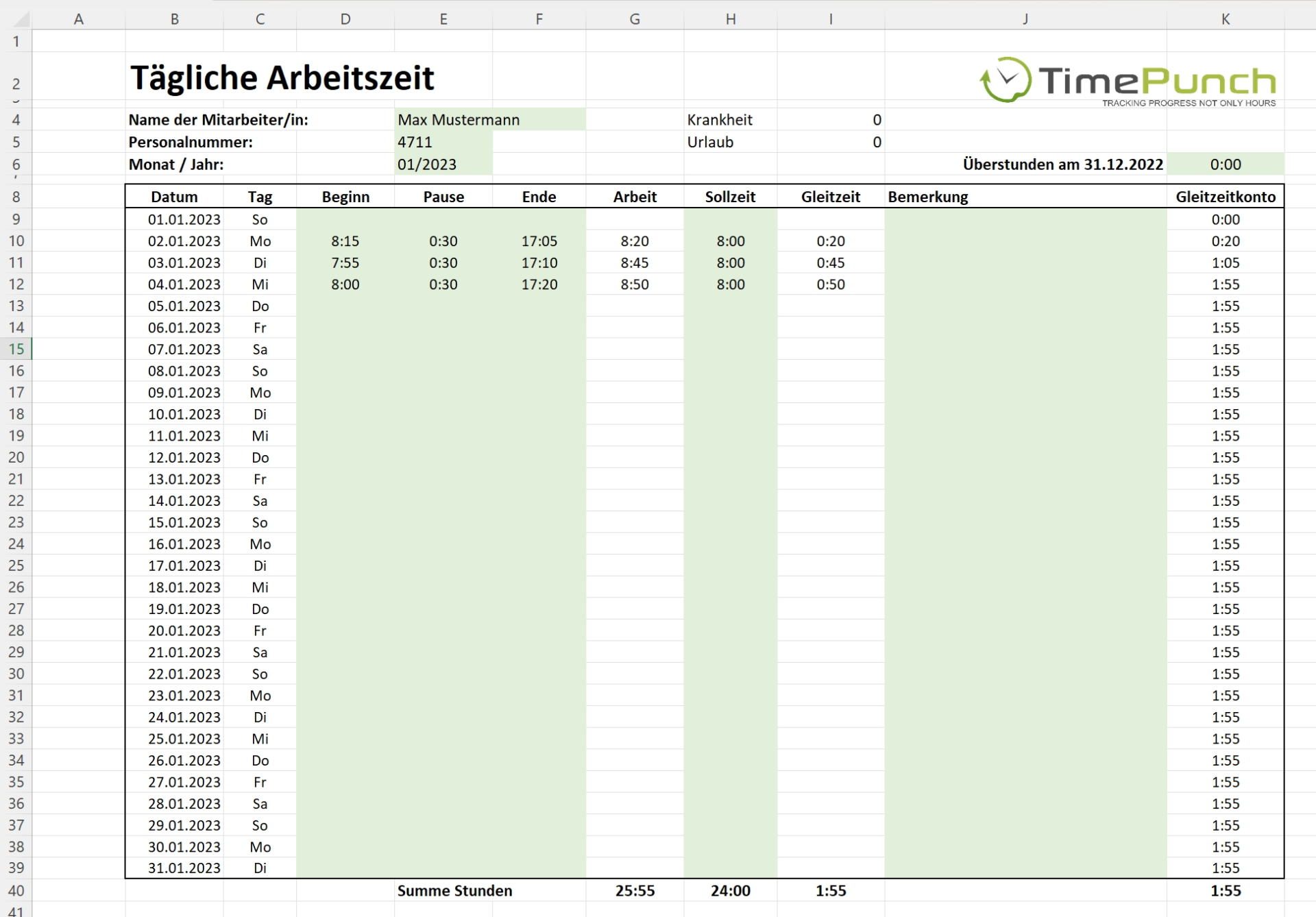 Excel Zeiterfassung - Kostenlose Excel Vorlage zur Zeiterfassung für 2023