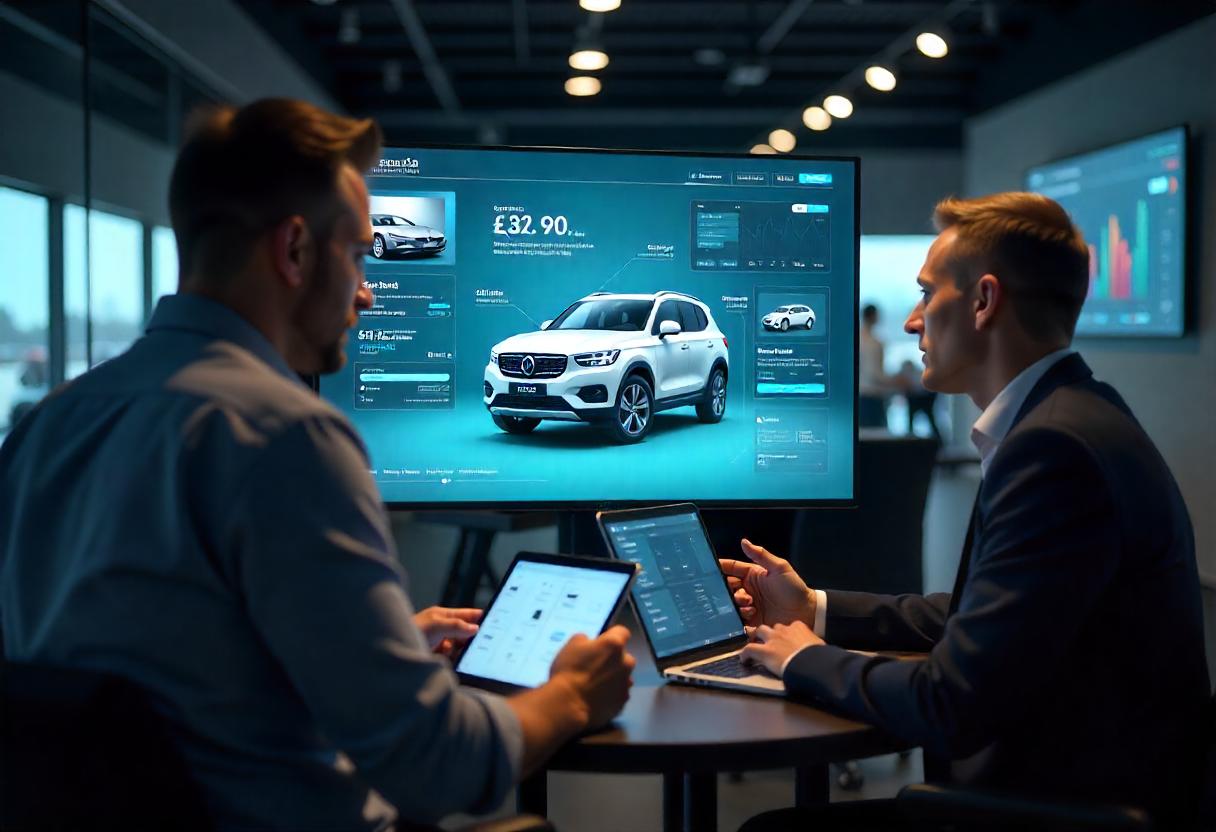 Autokäufer betrachtet ein Fahrzeugangebot auf einem Tablet, während ein Verkäufer digitale Verkaufsprozesse im Autohaus nutzt.