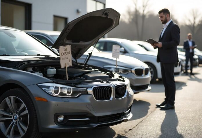 Defekter BMW 3er F30 mit Motorschaden auf einem Autoankauf-Hof, Händler bewertet das Fahrzeug für den Export 2025