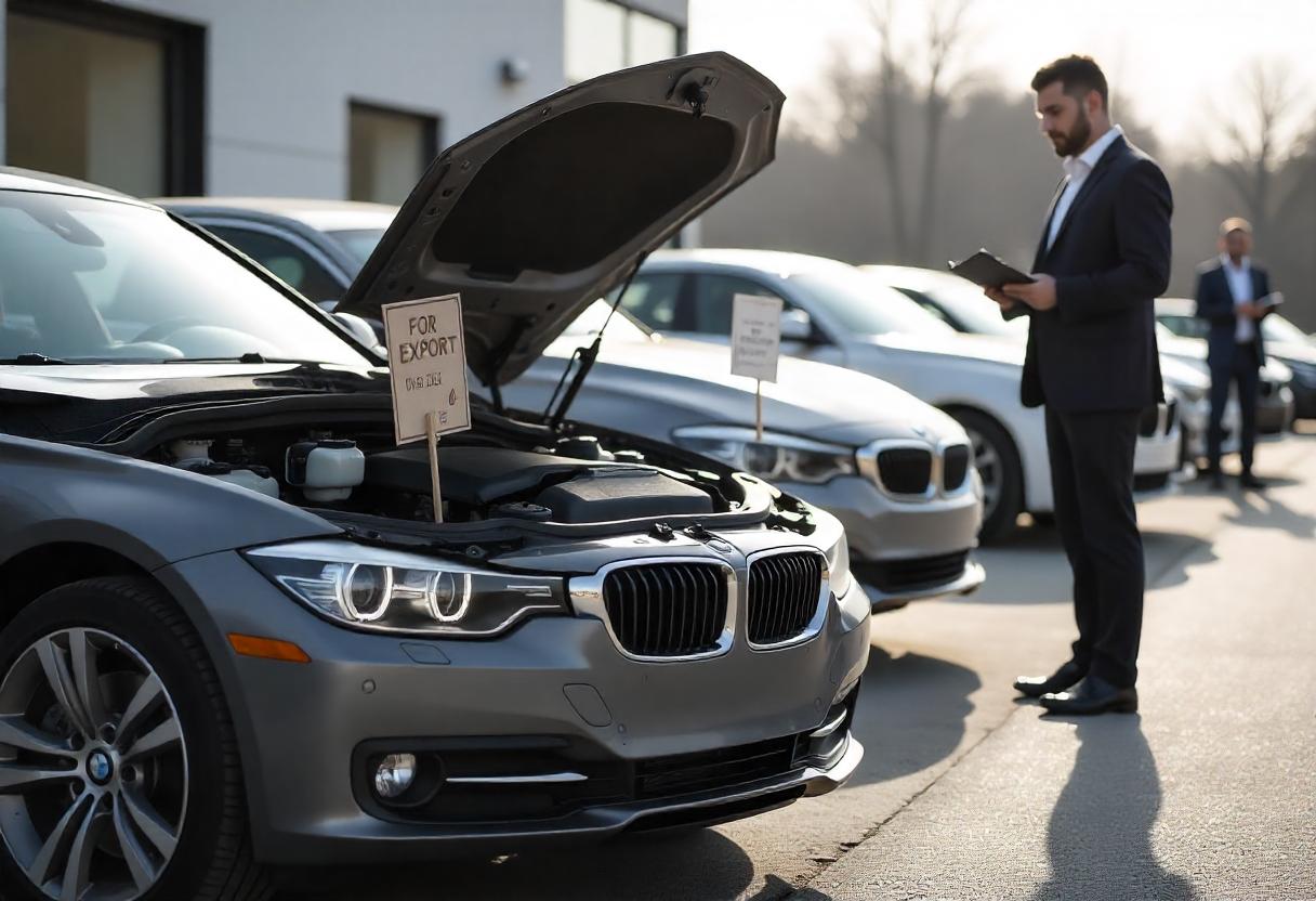 Defekter BMW 3er F30 mit Motorschaden auf einem Autoankauf-Hof, Händler bewertet das Fahrzeug für den Export 2025