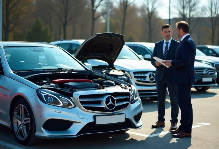 Mercedes-Benz E-Klasse und C-Klasse mit Motorschaden auf einem Autoankauf-Hof, Händler prüft defekte Fahrzeuge für den Export 2025