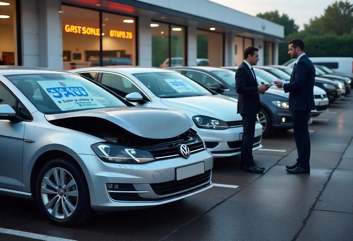 VW Golf, Passat und Tiguan mit Motorschaden auf einem Autoankauf-Hof, Händler prüft defekte Fahrzeuge für Export und Teileverkauf 2025
