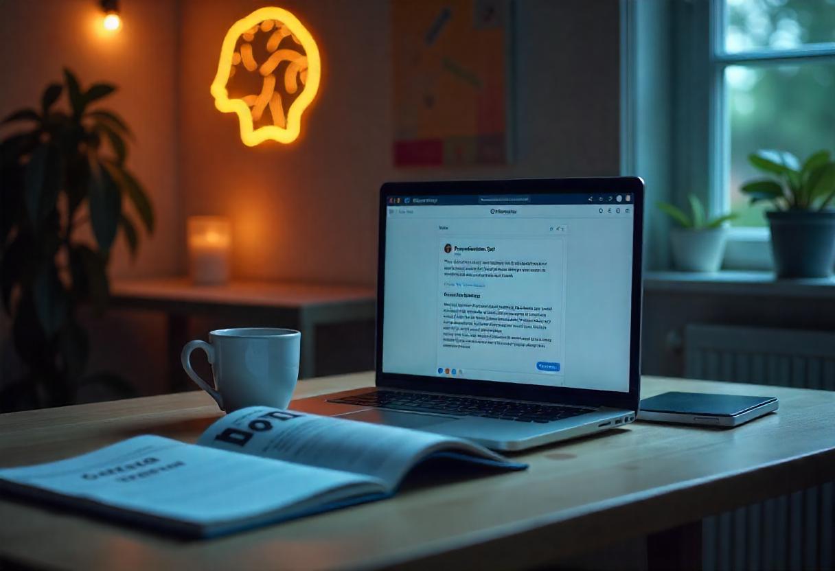 Laptop mit ChatGPT-Fenster, auf dem eine strukturierte Pressemitteilung zu sehen ist, daneben Notizbuch und Zeitung – symbolisch für moderne PR mit KI