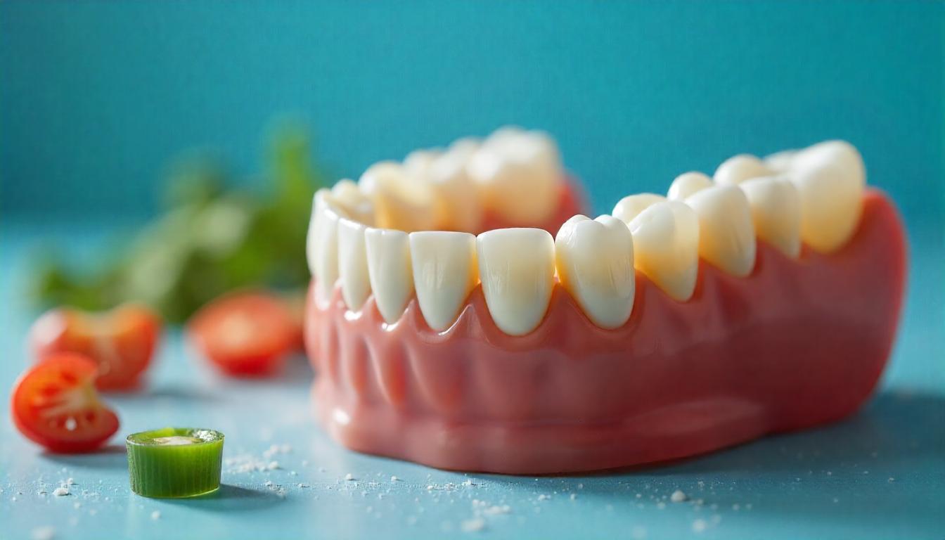 Hauptprobleme bei unscharfen Zähnen und Backenzähnen in Zahnprothesen Nahaufnahme einer Zahnprothese mit abgeflachten Zähnen, die zu Verdauungsproblemen und Kieferbeschwerden führt