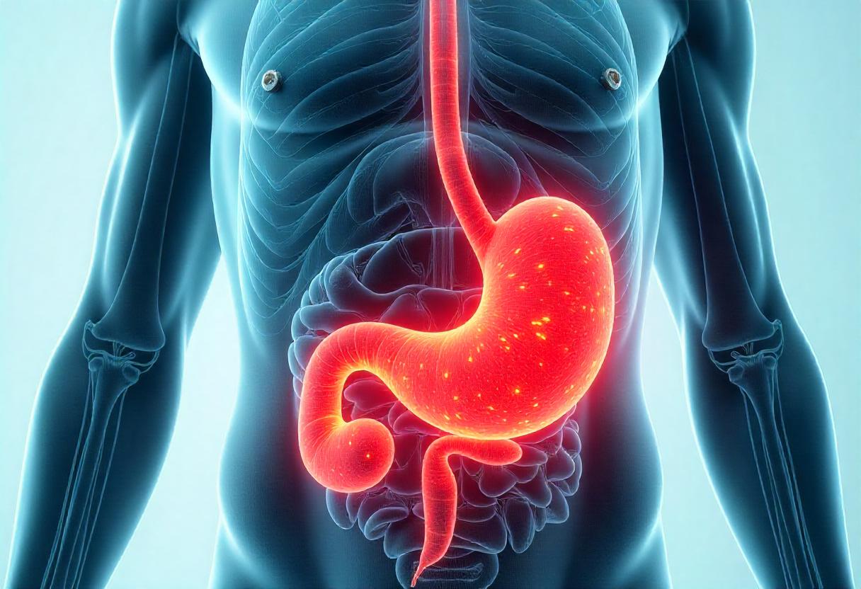 HCL-Mangel im Magen – Hypochlorhydrie und ihre Auswirkungen auf Verdauung und Gesundheit Symbolische Darstellung eines HCL-Mangels im Magen mit geschwächter Säure, Nährstoffmangel-Symbolen (Vitamin B12, Eisen), Bakterien und Verdauungsbeschwerden.