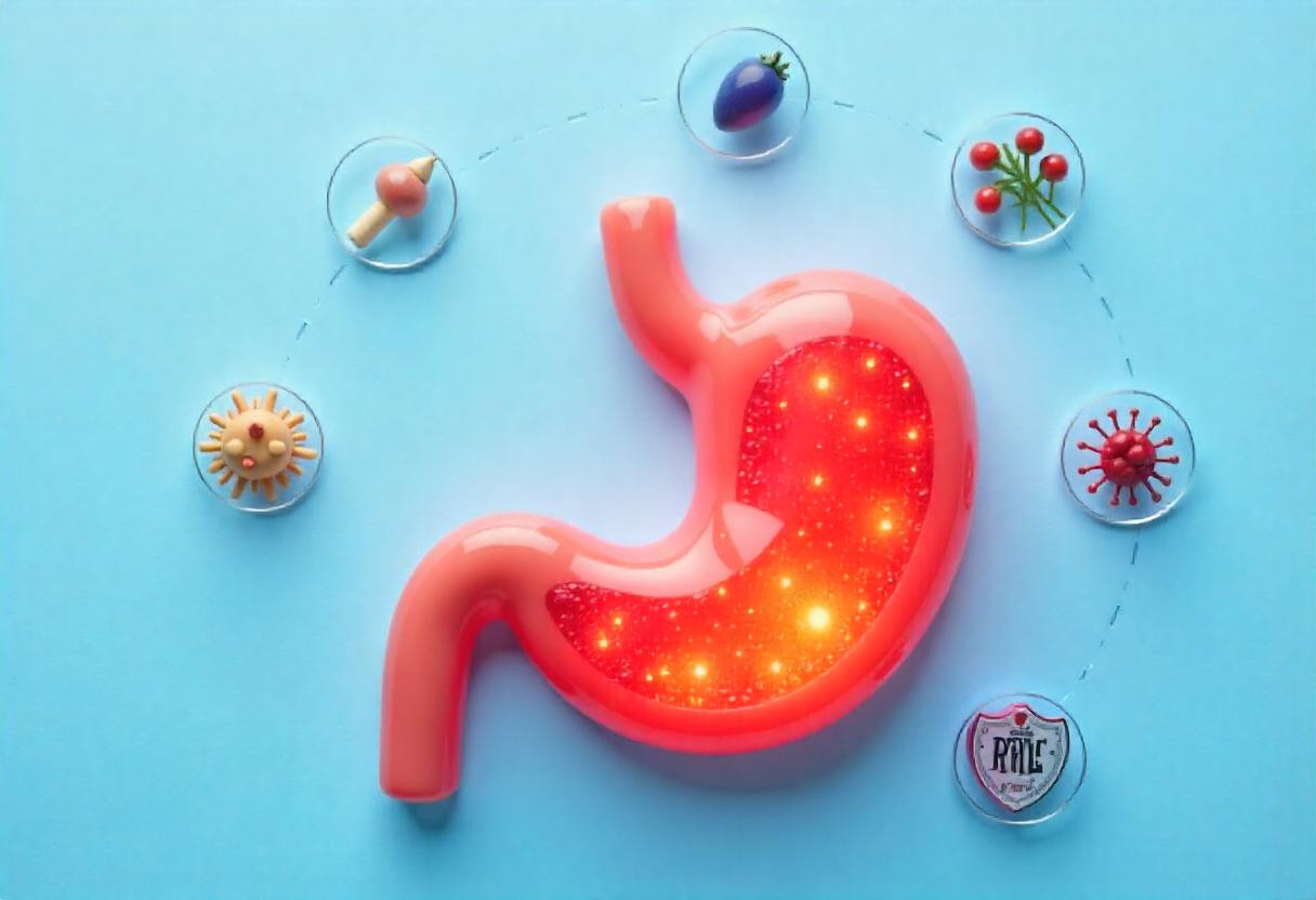 Symbolische Darstellung der Magensäure (HCL) im Magen mit leuchtender Flüssigkeit, umgeben von Nährstoffsymbolen wie Eisen und Vitamin B12 sowie Schutzschild gegen Bakterien.