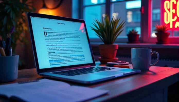 Symbolische Darstellung einer erfolgreichen Pressemitteilung mit SEO-Optimierung: Laptop, SEO-Diagramme, Backlink-Grafiken und hohe Rankinganzeigen.