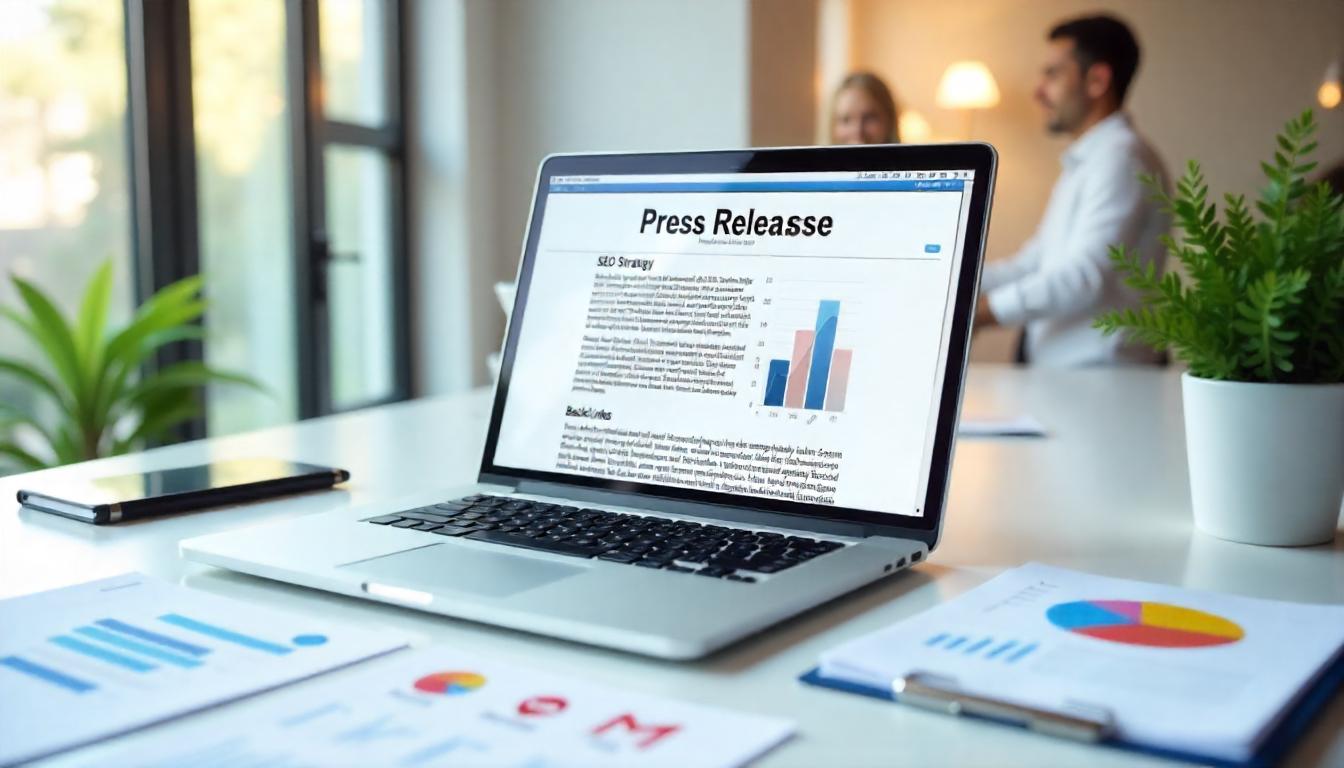 Laptop mit geöffneter Pressemitteilung, daneben SEO-Analysediagramme und steigende Rankingkurven – Symbol für erfolgreiche Online-PR. Laptop mit geöffneter Pressemitteilung, daneben SEO-Analysediagramme und steigende Rankingkurven – Symbol für erfolgreiche Online-PR.