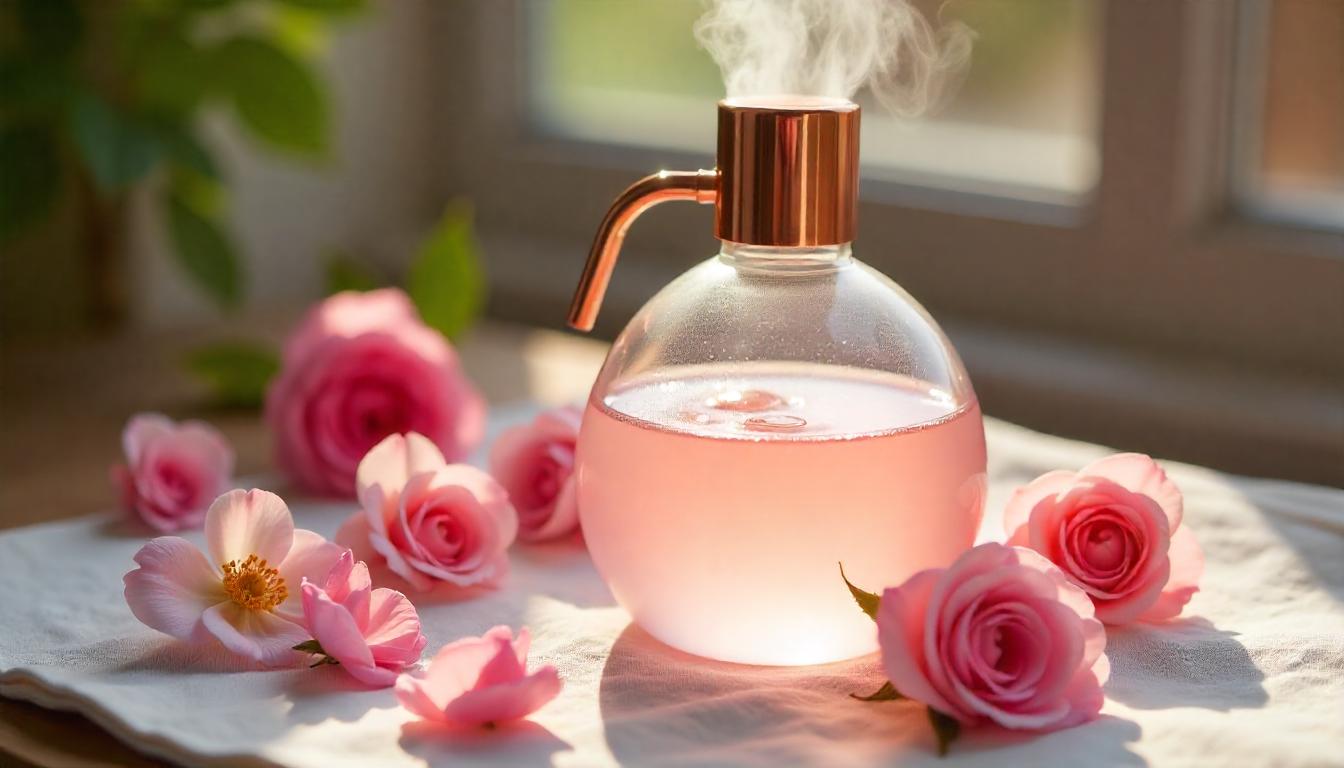 Herstellung von Rosenhydrolat durch Dampfdestillation frischer Rosenblüten für Naturkosmetik und empfindliche Hautpflege