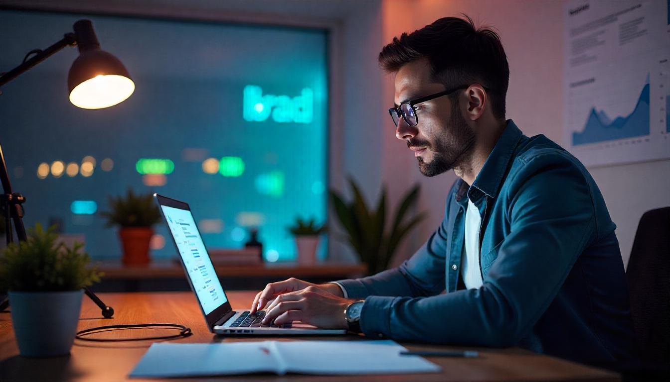 SEO verstehen: Pressemitteilungen gezielt für bessere Google-Rankings optimieren SEO-Spezialist überprüft Pressemitteilung auf Laptop, umgeben von Optimierungs-Checklisten, Keyword-Strategien und Ranking-Diagrammen.