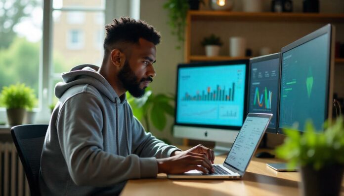 SEO-Experte analysiert Backlink-Profile mit Fokus auf Themenrelevanz und Follow-Links, dargestellt durch Diagramme und Symbole von hochautoritativen Webseiten.