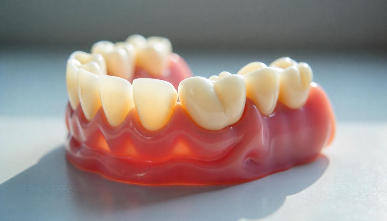 Unscharfe Backenzähne in Zahnprothese: Kauprobleme und Belastung der Kiefermuskulatur Detailaufnahme einer Zahnprothese mit unscharfen Backenzähnen, unzureichender Schneidefunktion