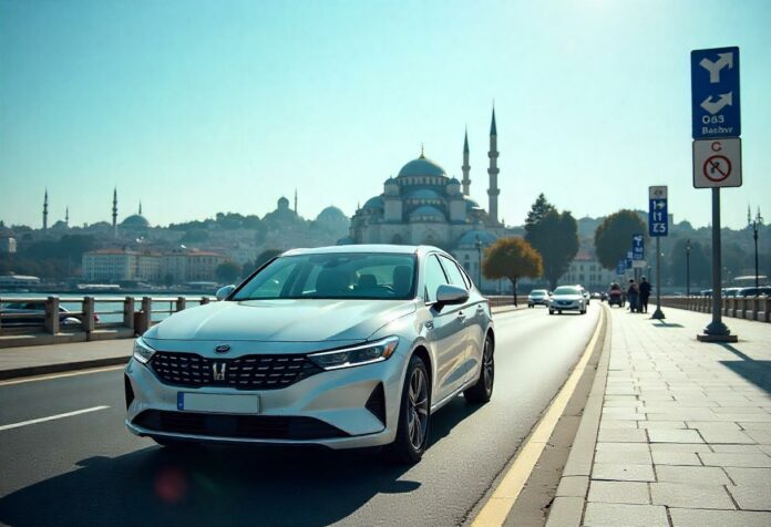 Mietwagen vor der Blauen Moschee in Istanbul mit Blick auf die Stadt