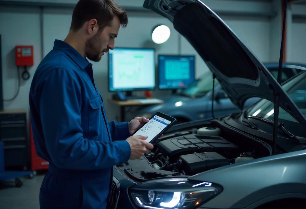 Digitale Diagnosetools: Fehlerquellen gezielt identifizieren Mechaniker analysiert Gebrauchtwagen mit digitalem Diagnosetool am OBD-Anschluss