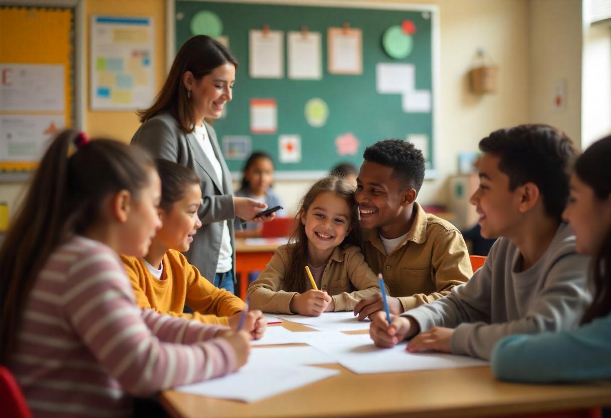Schule als Ort echter Teilhabe – Erfolgsmodelle mit Zukunft Lernende Kinder unterschiedlicher Herkunft in einem motivierenden Klassenraum mit aktiver Lehrkraft