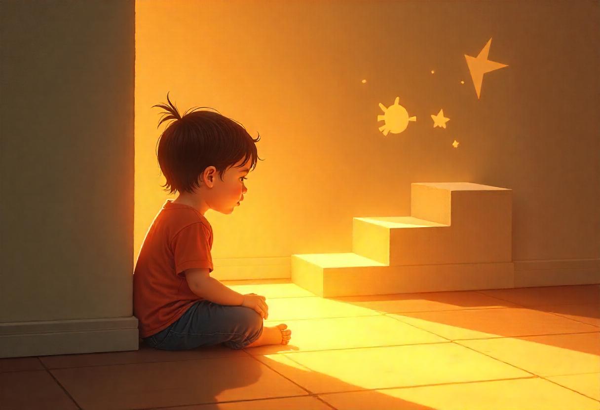 Ein Kind verlässt symbolisch einen dunklen Bereich emotionaler Blockaden und geht in Richtung Licht – Sinnbild für emotionale Heilung und innere Stärke