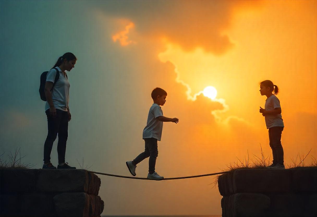 Emotionale Stärke lernen – der Weg zur inneren Balance bei Kindern Ein Kind balanciert symbolisch zwischen Unsicherheit und Selbstvertrauen – begleitet von unterstützenden Erwachsenen im Lernprozess emotionaler Stärke