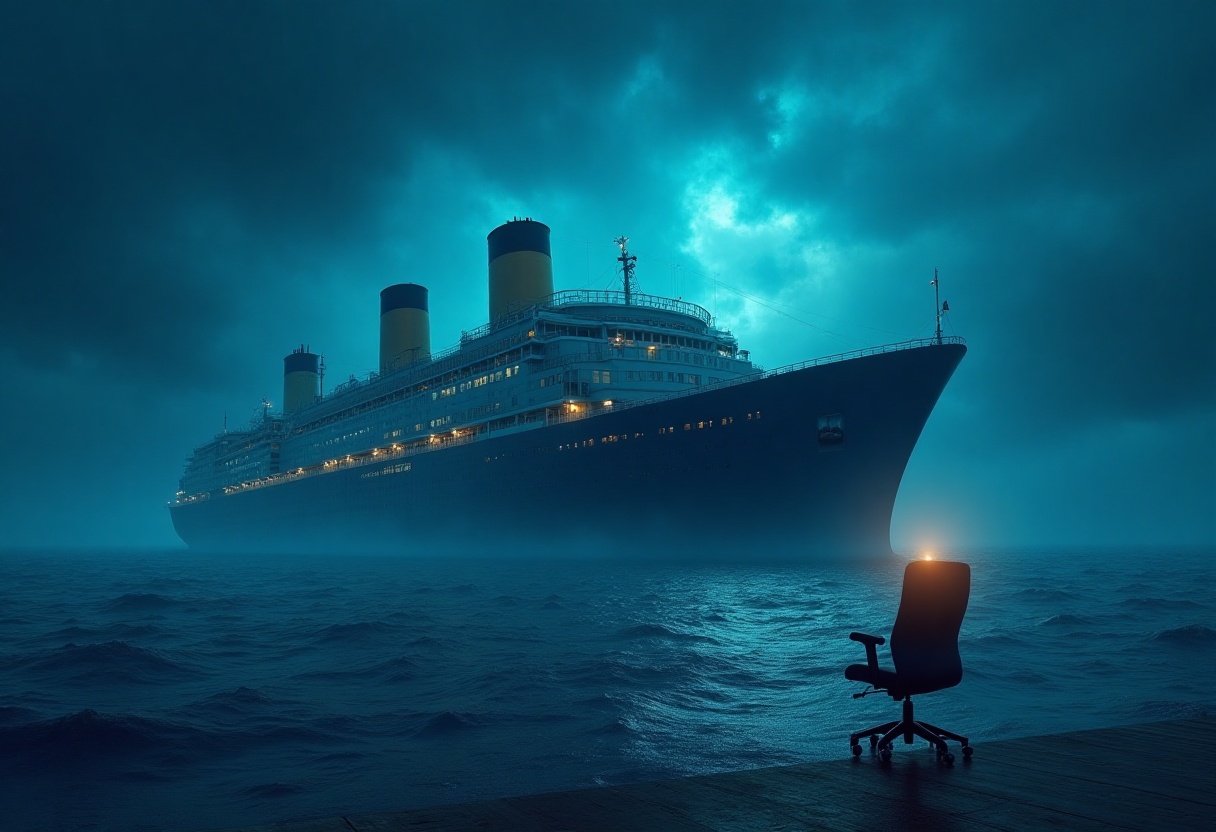 Fachkräftemangel in Deutschland – Unternehmen suchen passende Mitarbeiter Symbolbild zum Fachkräftemangel in Deutschland: Ein Unternehmensgebäude in Form eines Schiffs navigiert durch stürmische See, auf dem Deck steht ein leerer Stuhl.