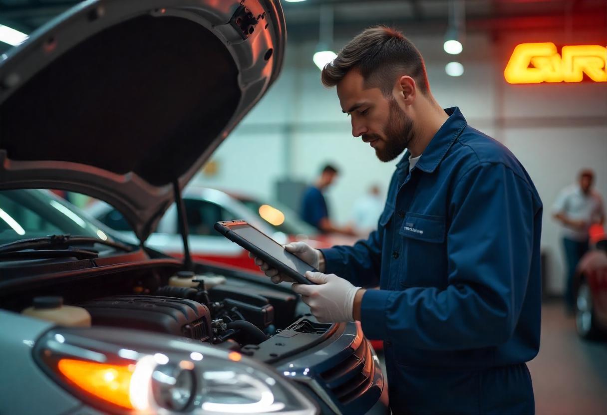 Gebrauchtwagencheck durch Kfz-Mechaniker mit Diagnosegerät und Checkliste
