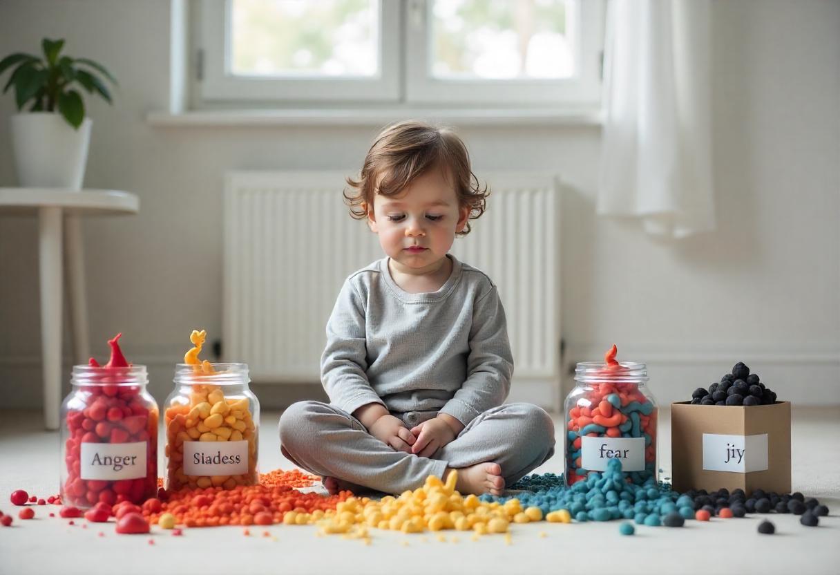 Gefühlschaos bei Kindern strukturieren – Emotionen sortieren lernenaos-bei-kindern-strukturieren-emotionen-sortieren Ein Kind ordnet symbolisch seine Gefühle, indem es farbige Emotionen in beschriftete Gläser sortiert – Sinnbild für innere Struktur und emotionale Klarheit