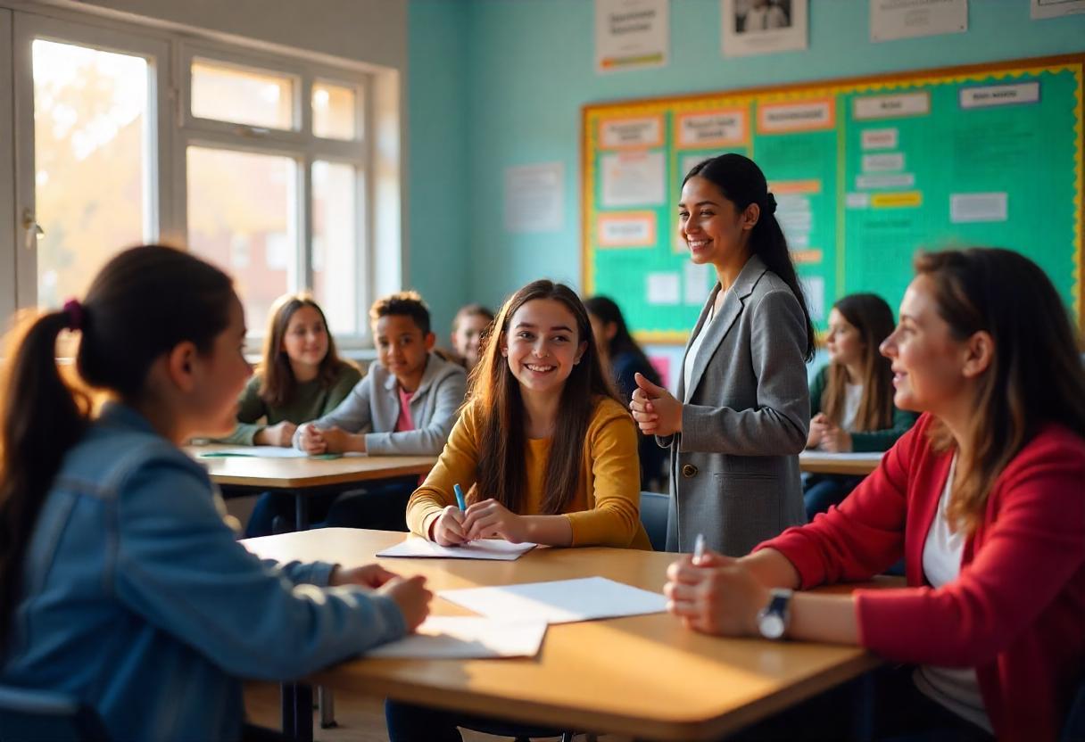 Engagierte Lehrkraft und motivierte Schüler in einer unterstützenden Berufsschule – Symbol für erfolgreiche Ausbildungsmodelle