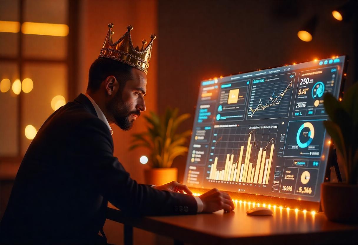 Keyword-Recherche als Königsdisziplin – Datenbasierte Strategien für SEO-Erfolg Ein gekrönter Stratege vor einem digitalen Dashboard mit Keyword-Daten, Suchvolumen-Diagrammen und Nutzerintention – Sinnbild für analytische SEO-Exzellenz
