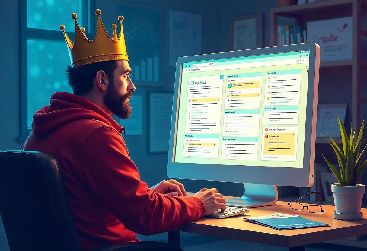 Onpage-Optimierung für den KeywordKönig – Struktur, Inhalte und Performance gezielt einsetzen Ein KeywordKönig überwacht die Onpage-Optimierung einer Website mit Fokus auf URL-Struktur, Title-Tags und Meta-Descriptions – Symbol für strukturierte Content-Strategie im SEO