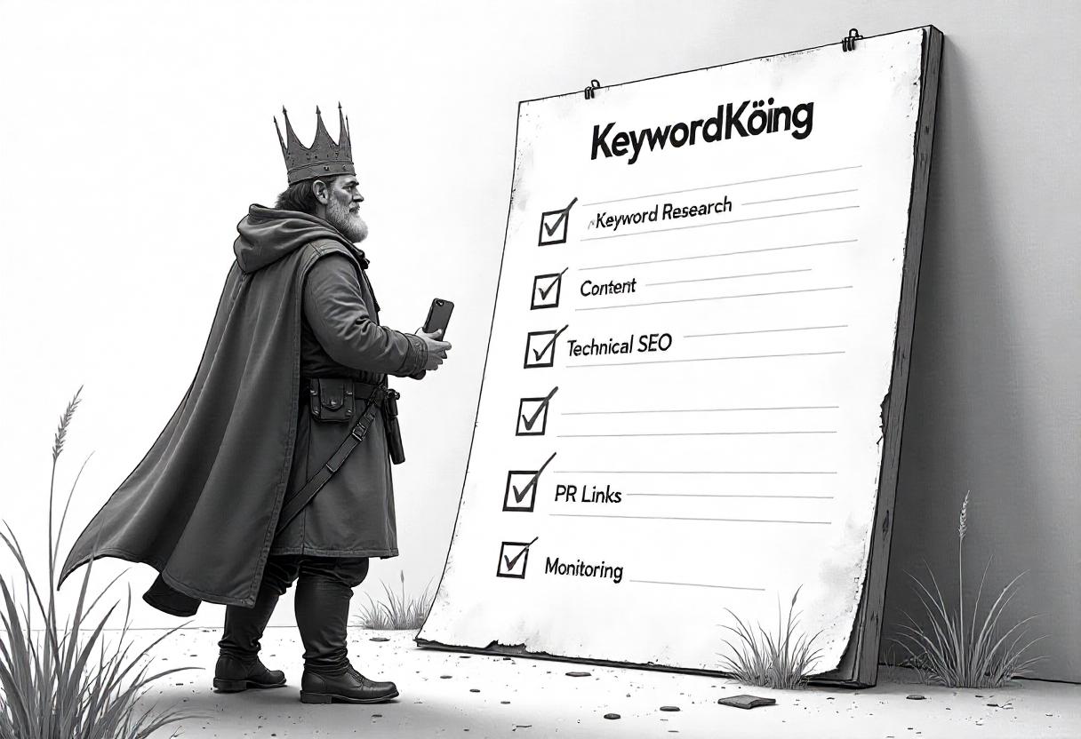 KeywordKönig & SEO-Checkliste – Systematisch zur Sichtbarkeit mit strukturierter Strategie Der KeywordKönig zeigt auf eine detaillierte SEO-Checkliste mit Bereichen wie Keyword-Recherche, Content, Technik, PR und Monitoring – Symbol für wiederholbare SEO-Erfolge