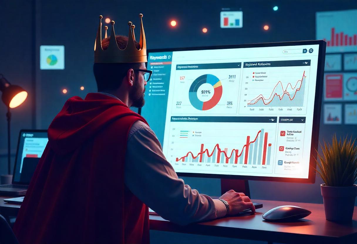 KeywordKönig & SEO-Monitoring – Kennzahlen gezielt messen, Strategien effektiv steuern Ein KeywordKönig vor einem digitalen Monitoring-Dashboard mit Live-KPIs wie Rankings, Sichtbarkeit, Traffic und Backlink-Daten – Symbol für datengetriebene SEO-Analyse