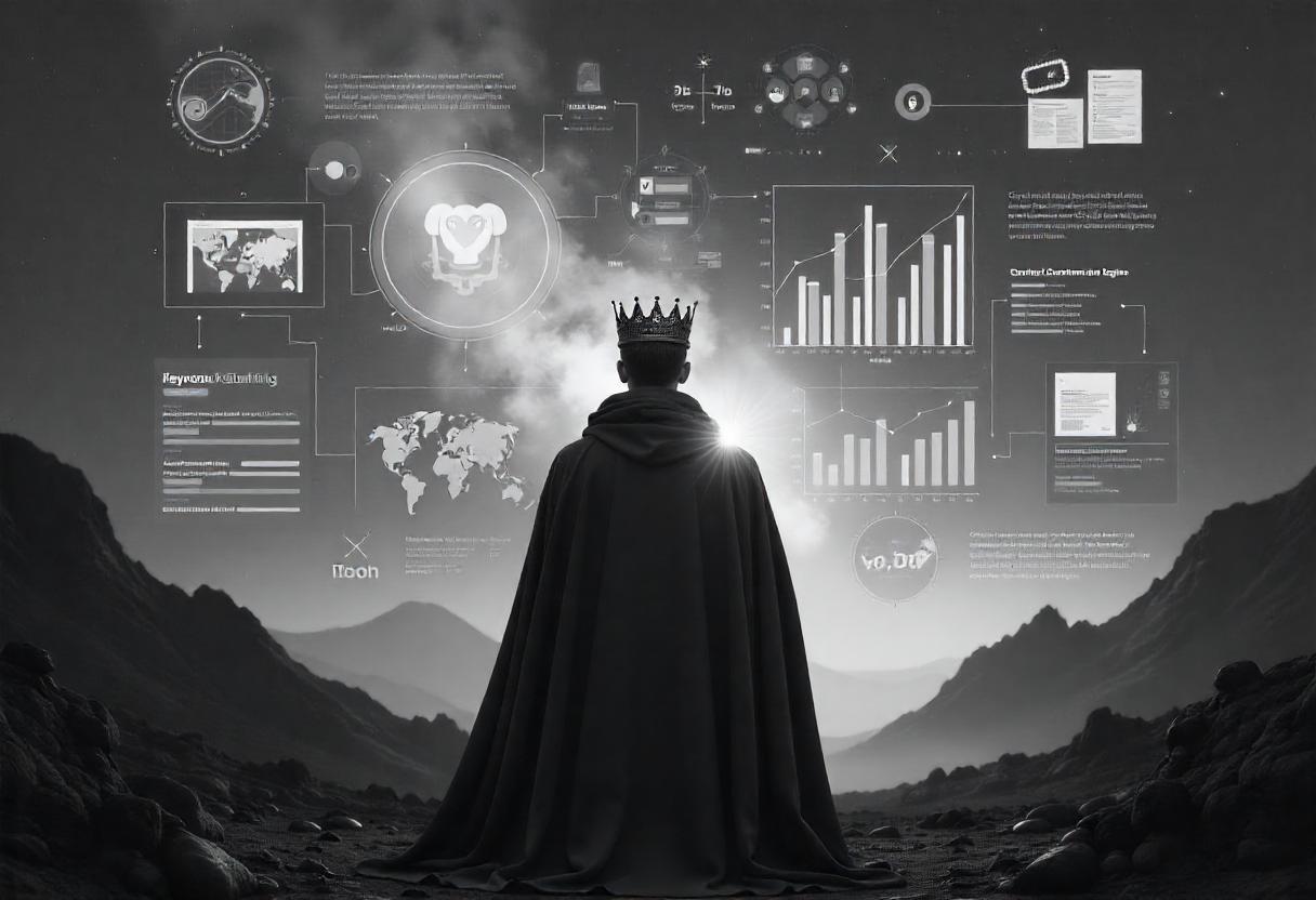 KeywordKönig im digitalen Wettbewerb – Symbolbild für strategische SEO-Kompetenz Ein futuristischer KeywordKönig mit Krone vor einer virtuellen SEO-Landschaft – mit Diagrammen, Content-Elementen und Linksymbolen als Zeichen für strategische Suchmaschinenoptimierung
