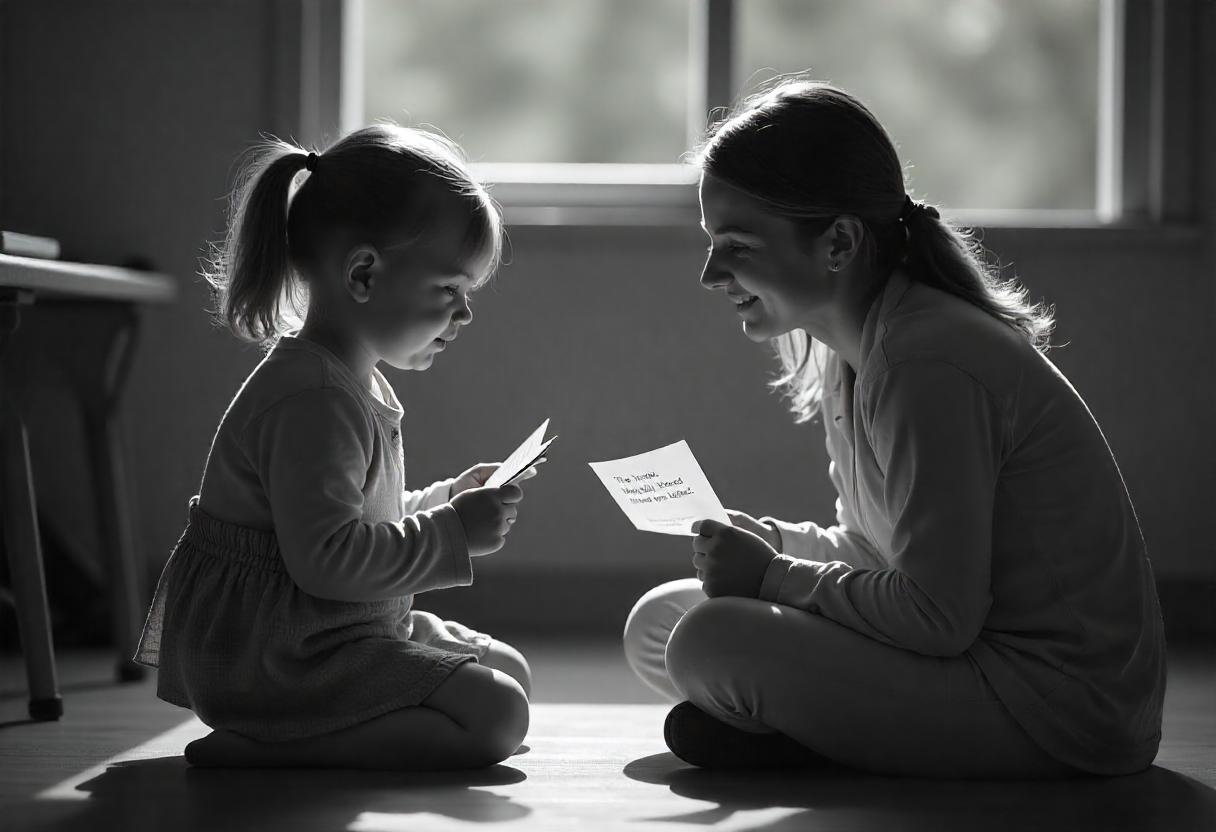 Kommunikationsangst bei Kindern abbauen – Erste Schritte aus dem Schweigen Ein Kind überwindet seine Sprachhemmung und wird in einem sicheren Umfeld von einem Erwachsenen beim Reden ermutigt – Symbol für abgebautes Schweigen