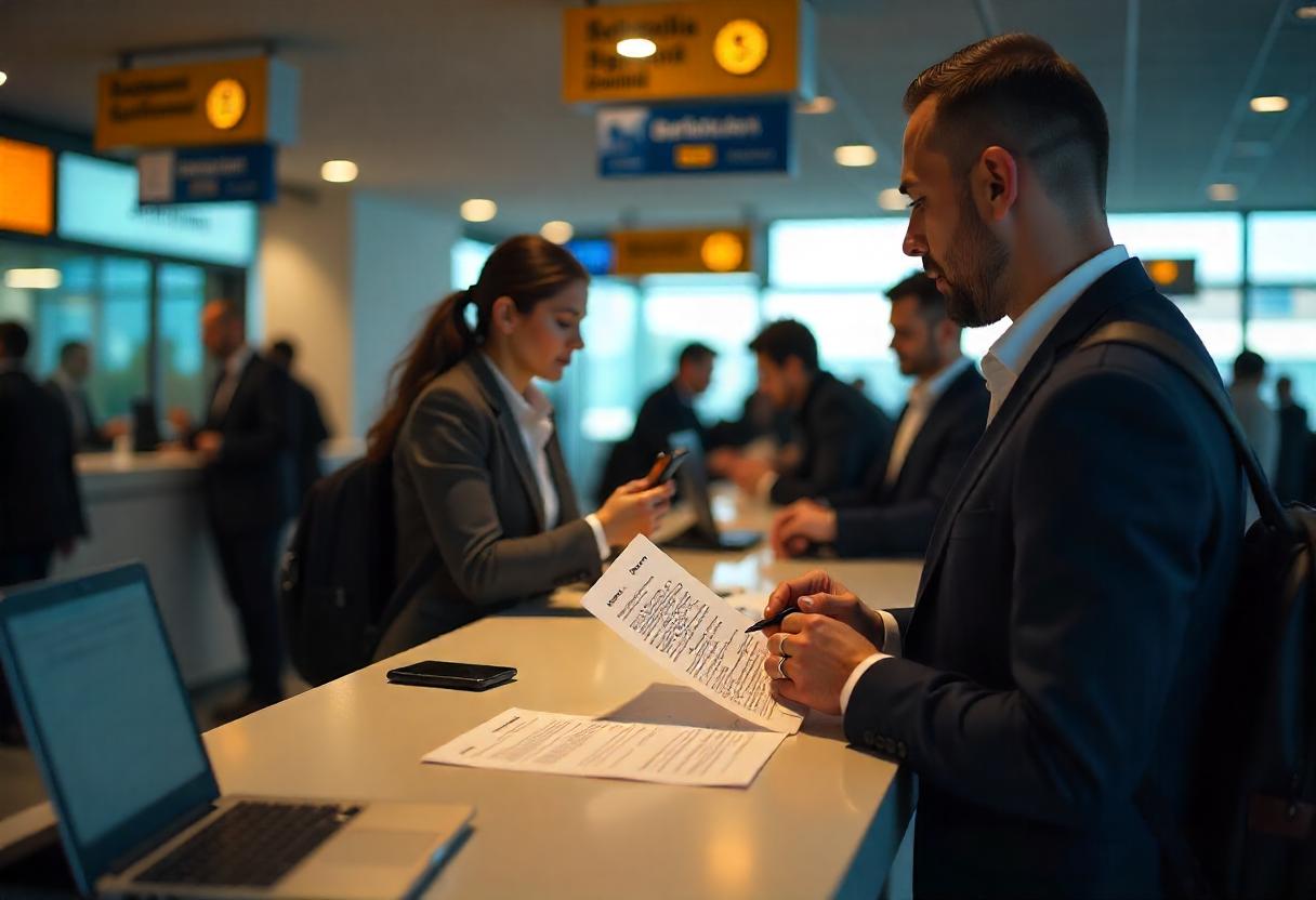 Mietbedingungen in der Türkei – Rechte und Pflichten vor der Fahrzeugübernahme Reisende am Mietwagenschalter in der Türkei beim Prüfen von Mietunterlagen und Versicherungsbedingungen