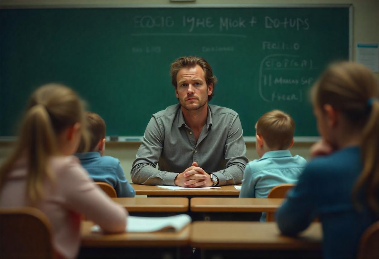Motivationskrise im Lehrerzimmer – Wenn Desinteresse den Unterricht prägt Lehrkraft sitzt erschöpft am Pult, Schüler wirken unbeteiligt – Symbol für Motivationskrise im Klassenzimmer