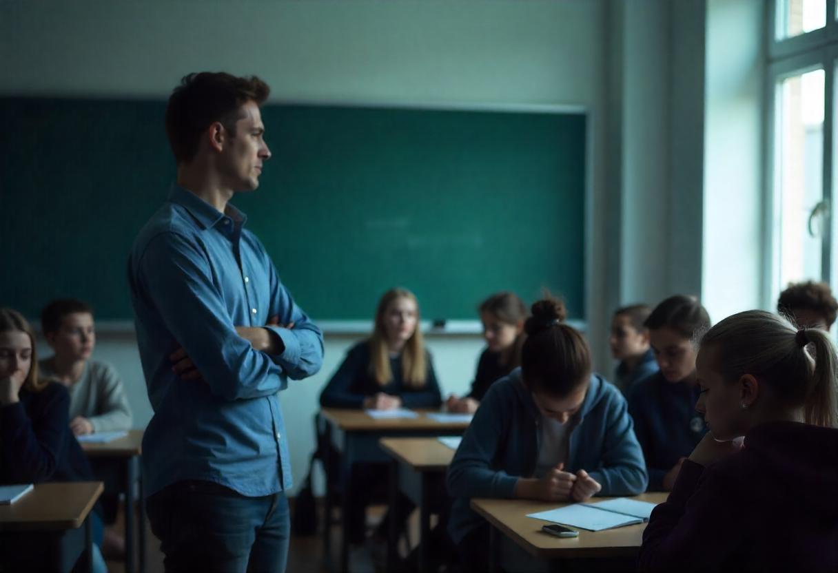 Frustrierte Schüler im Unterricht bei emotional überforderter Lehrkraft