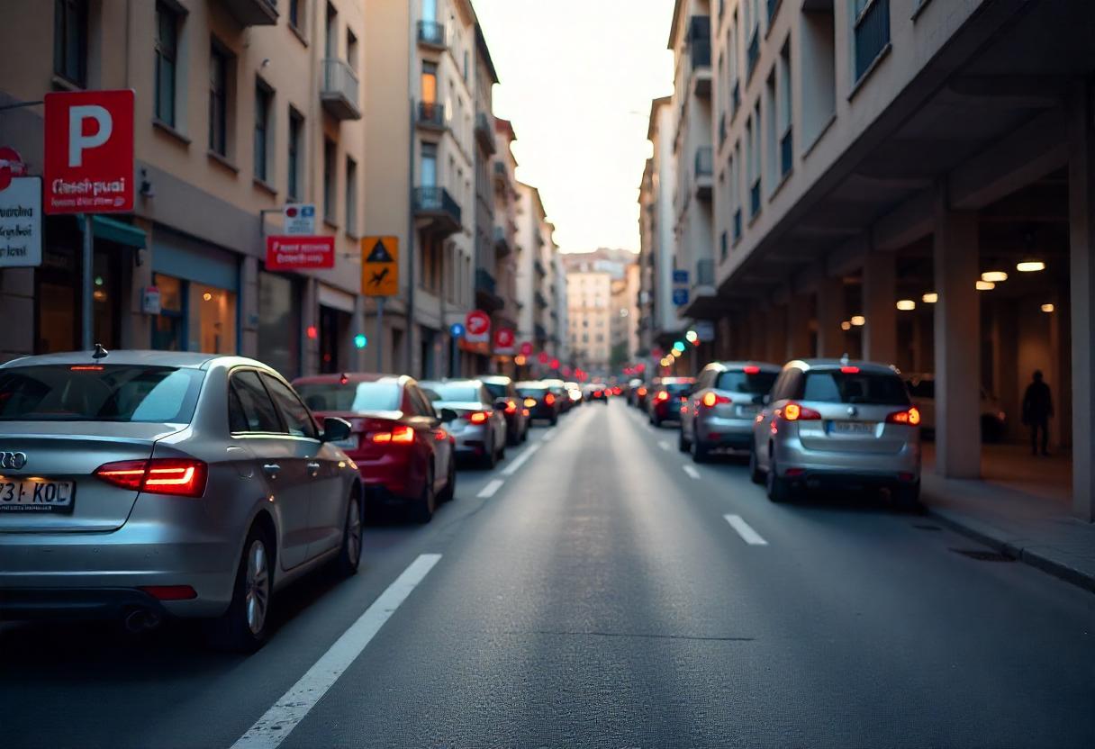 Parken in Istanbul – Strategien für die erfolgreiche Stellplatzsuche Straßenszene in Istanbul mit parkenden Autos, Parkhausschild und Smartphone mit Parkplatz-App