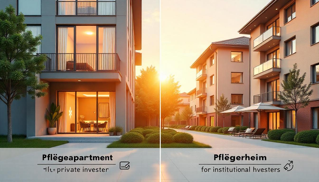 Grafischer Vergleich von Pflegeapartment und Pflegeheim als Kapitalanlage mit Fokus auf Zielgruppen, Investitionsvolumen und Renditepotenzial
