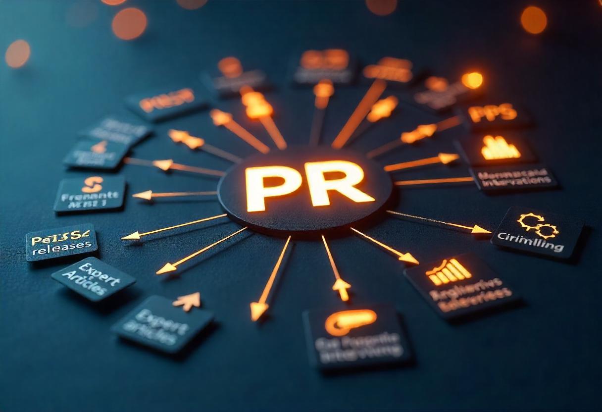 Wie PR digitale Sichtbarkeit aufbaut – strategische Übersicht mit SEO-Verbindung Infografik zur Wirkung von PR auf digitale Sichtbarkeit, Backlinks und Suchmaschinen-Ranking