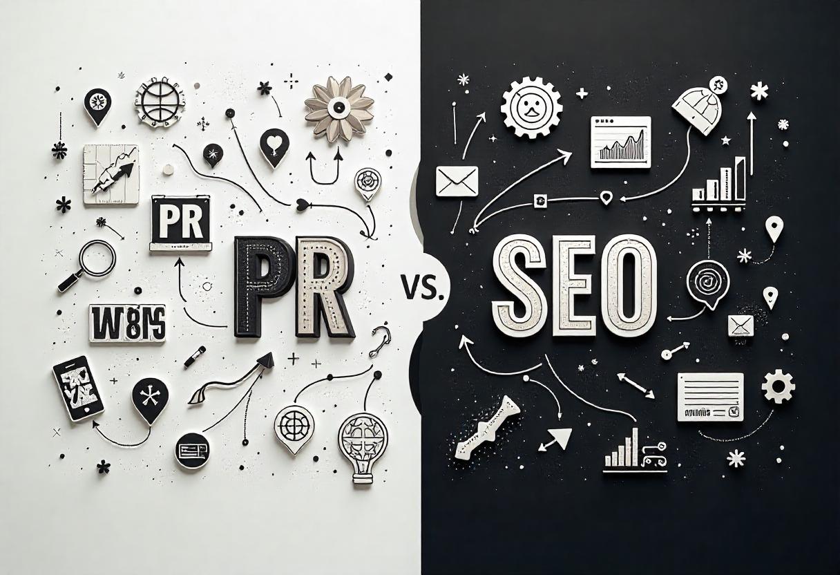 Wie PR und SEO gemeinsam das Google-Ranking stärken – Synergie von Content, Vertrauen und Sichtbarkeit Illustration zur Wechselwirkung zwischen Public Relations und SEO – mit Medienvernetzung, Backlinks, Keywords und Rankingfaktoren