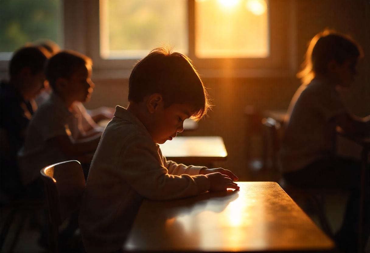 Psychosoziale Folgen von Stigmatisierung im Schulalltag Isoliertes Kind im Klassenzimmer als Symbol für soziale Ausgrenzung und innere Rückzugstendenz