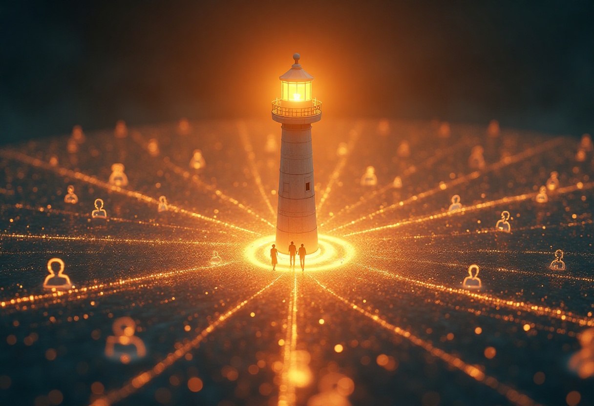 Recruiting im Wandel – Sichtbarkeit und Employer Branding als neue Erfolgsfaktoren Symbolbild modernes Recruiting: Ein leuchtender Leuchtturm strahlt über digitale Netzwerke und Karrierenetzwerke, im Vordergrund Menschen in Bewegung mit Smartphones.