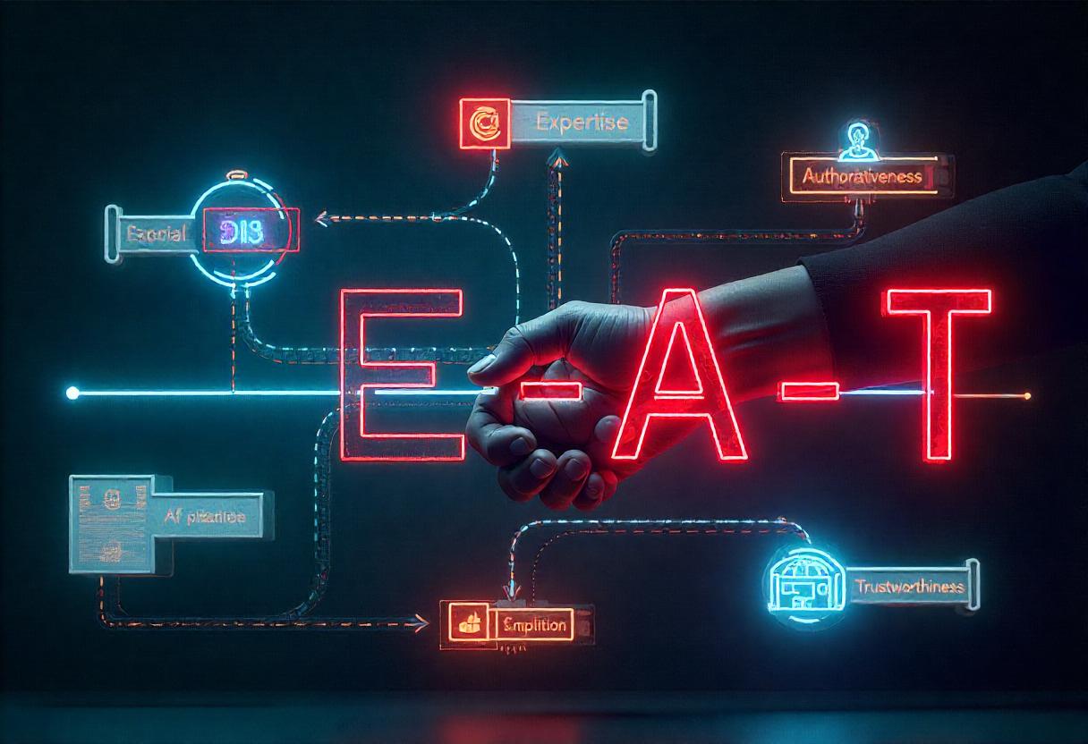 Symbolische Darstellung der Verbindung zwischen redaktionellen PR-Inhalten und den E-A-T-Kriterien von Google: Expertise, Autorität und Vertrauen