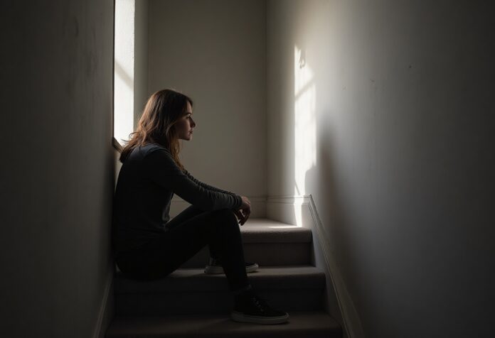 Person im stillen Moment der Selbsterkenntnis auf einer Treppe, umgeben von symbolischen Schatten der Vergangenheit