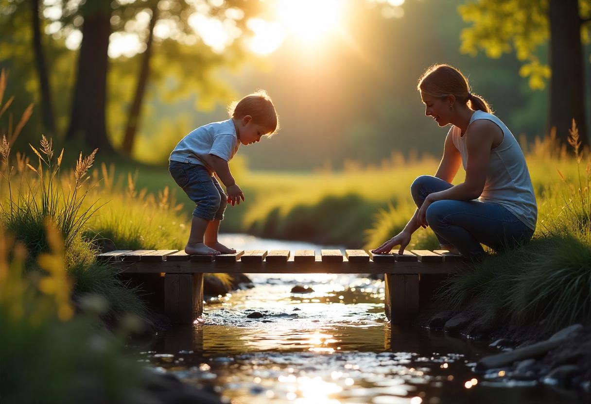 Selbstwirksamkeit bei Kindern stärken – Verantwortung erleben und wachsen Ein Kind baut selbstständig eine symbolische Brücke, während ein Erwachsener unterstützend zusieht – Sinnbild für Selbstwirksamkeit und inneres Wachstum