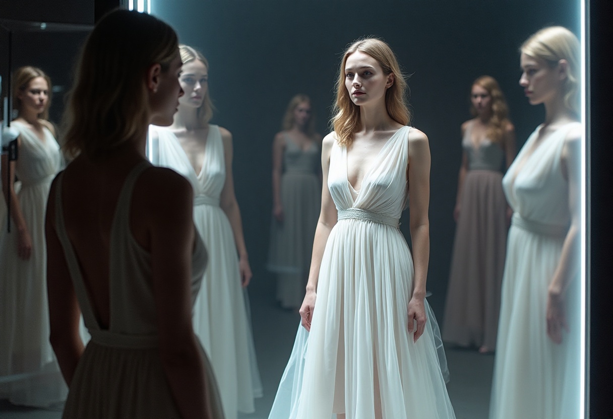 Nutzerin testet virtuell ein Sommerkleid mit Googles „Try it on“-Funktion und KI-gestützter Anprobe